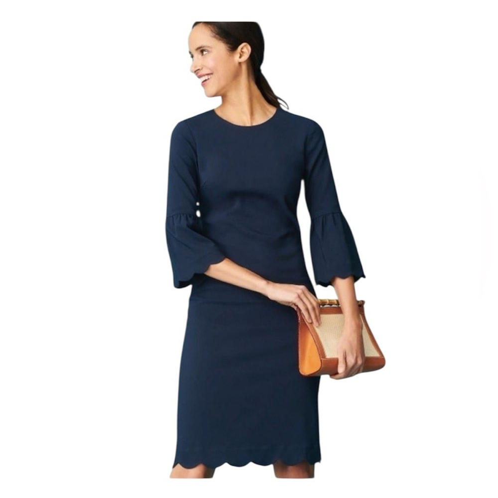 J.McLaughlin “Elle” Navy 3/4 Bell Sleeve Dress Scalloped Hem